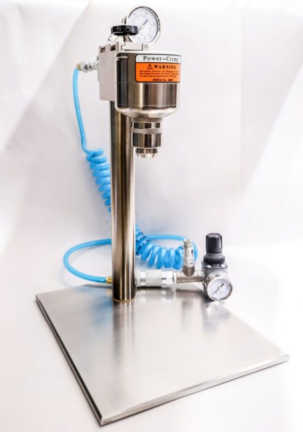 Pneumatic Vial Crimping Assembly with Foot Pedal and Stand, with 8 X 10 Stainless Steel Base (Maximum Bottle Clearance 9-3/8”)